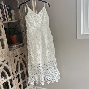White Lace Spaghetti Strap Dress - Midi
